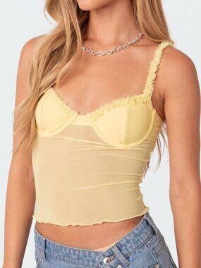 Edikted Mercy Sheer Mesh Bra Top - Yellow - Size Small